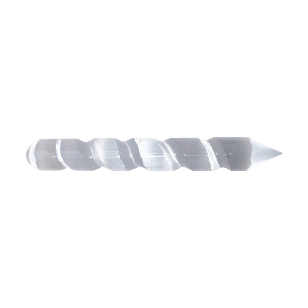 A polished, twisted selenite wand with a silky fibrous sheen