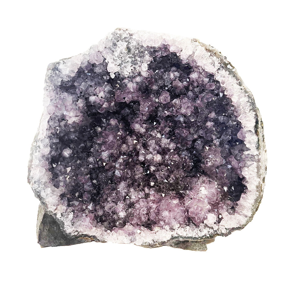 Close-up of a natural amethyst druse showing clustered violet crystal points