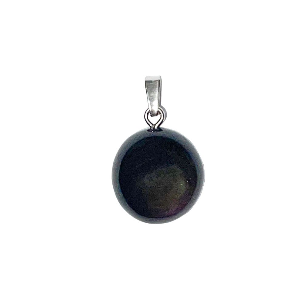 A polished rainbow obsidian pendant showing bands of iridescent colour
