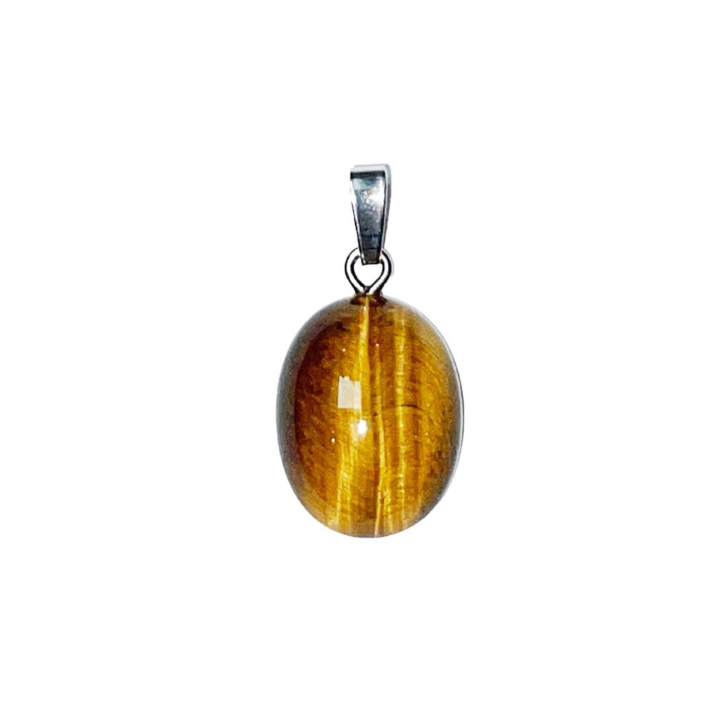 A polished tiger's eye cabochon in a silver pendant showing a bright chatoyant band of light