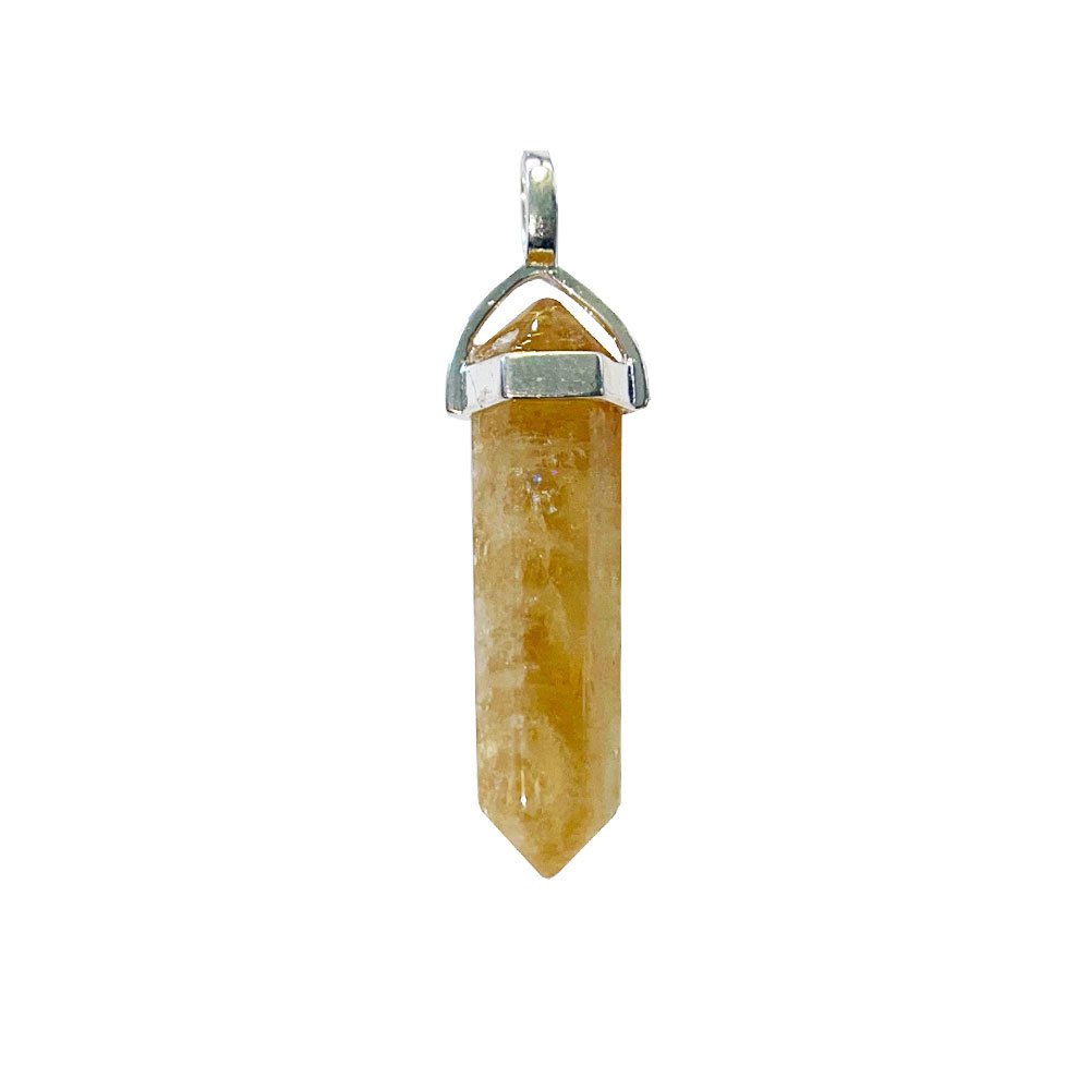 A natural citrine crystal point set as a pendant, glowing warm yellow