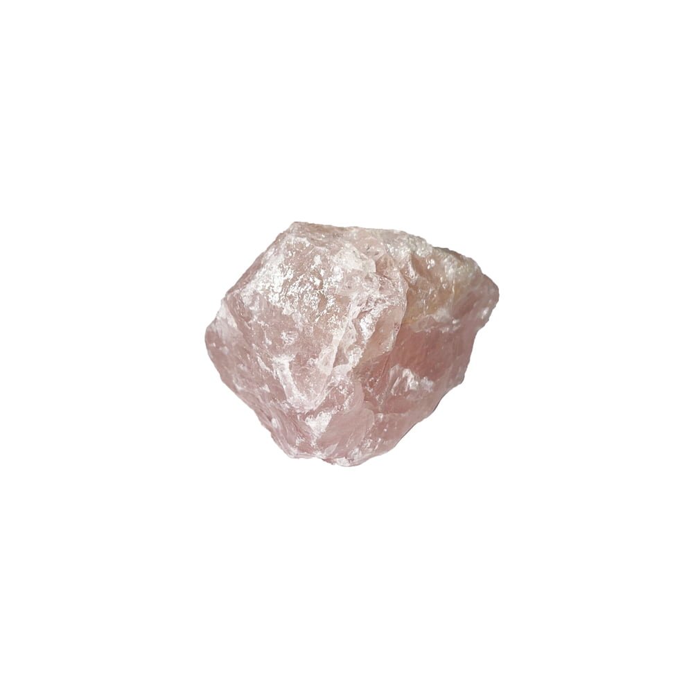 A raw rose quartz specimen showing its cloudy, translucent pink