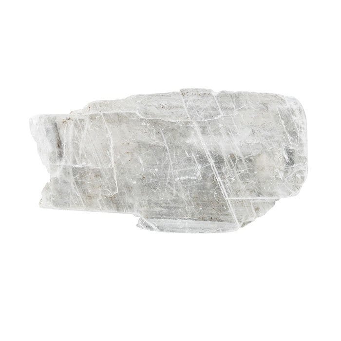 A translucent white selenite crystal with a silky, fibrous sheen