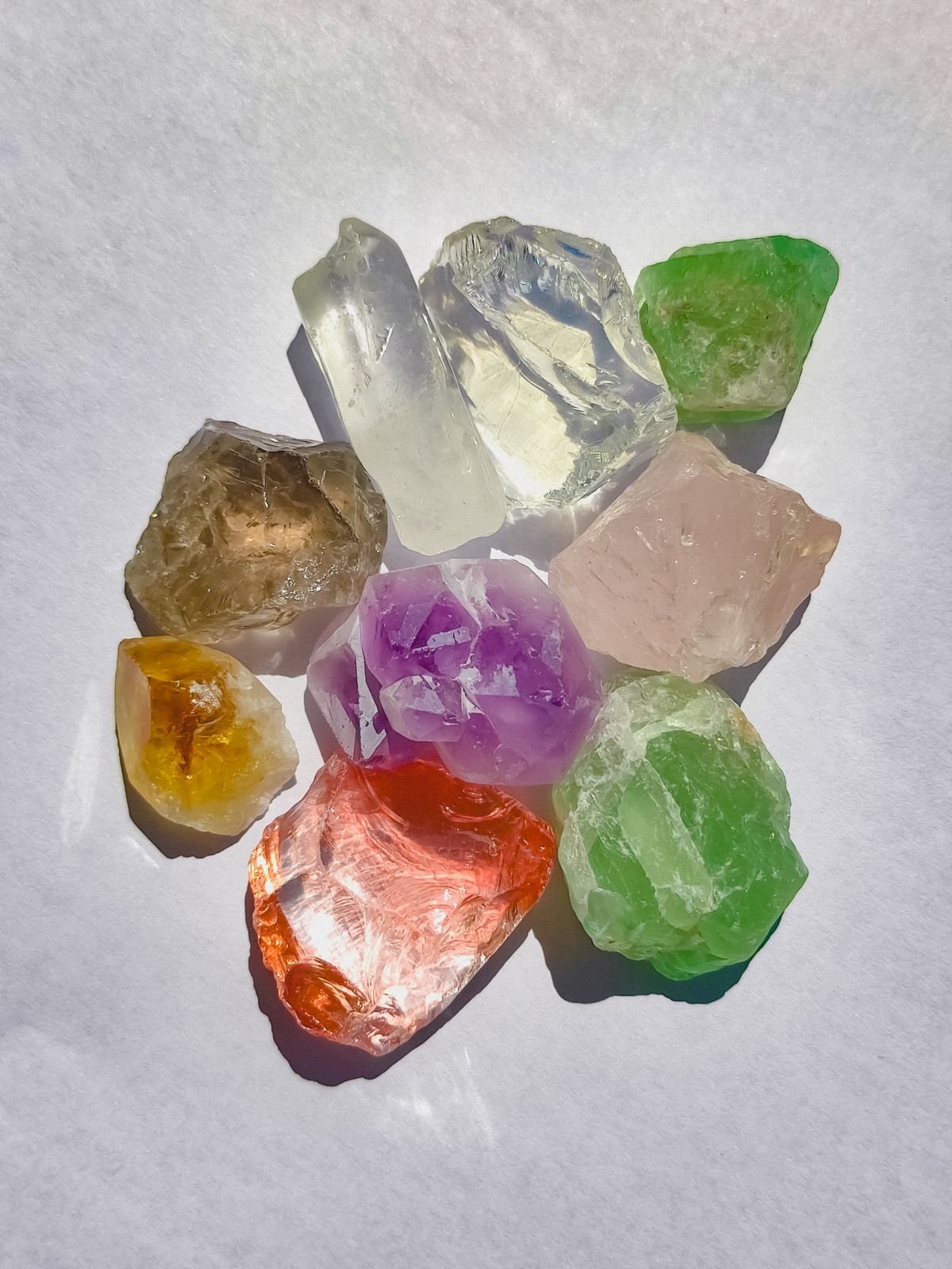 A colourful collection of tumbled healing crystals