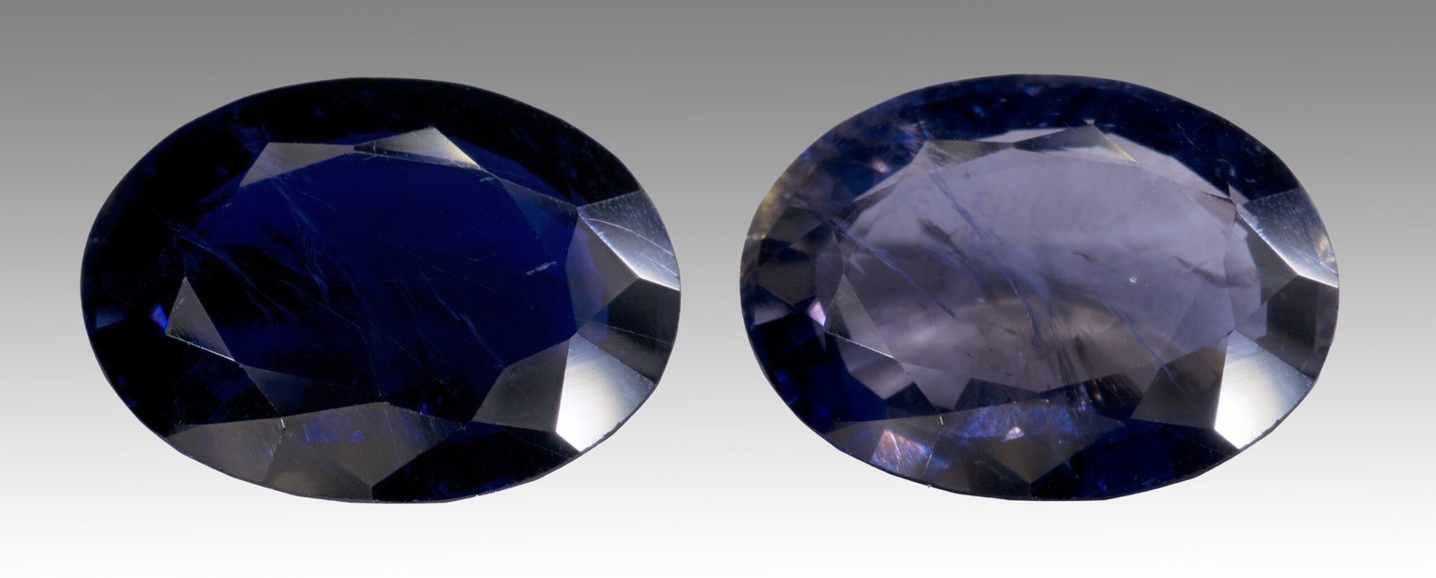 Iolite (gem cordierite) showing strong pleochroism, blue-violet and pale grey from different directions