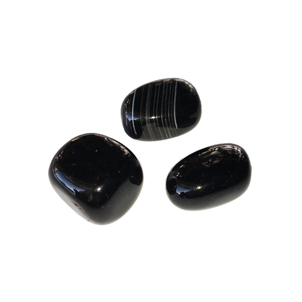 Polished black onyx tumbled stone, glossy black banded chalcedony