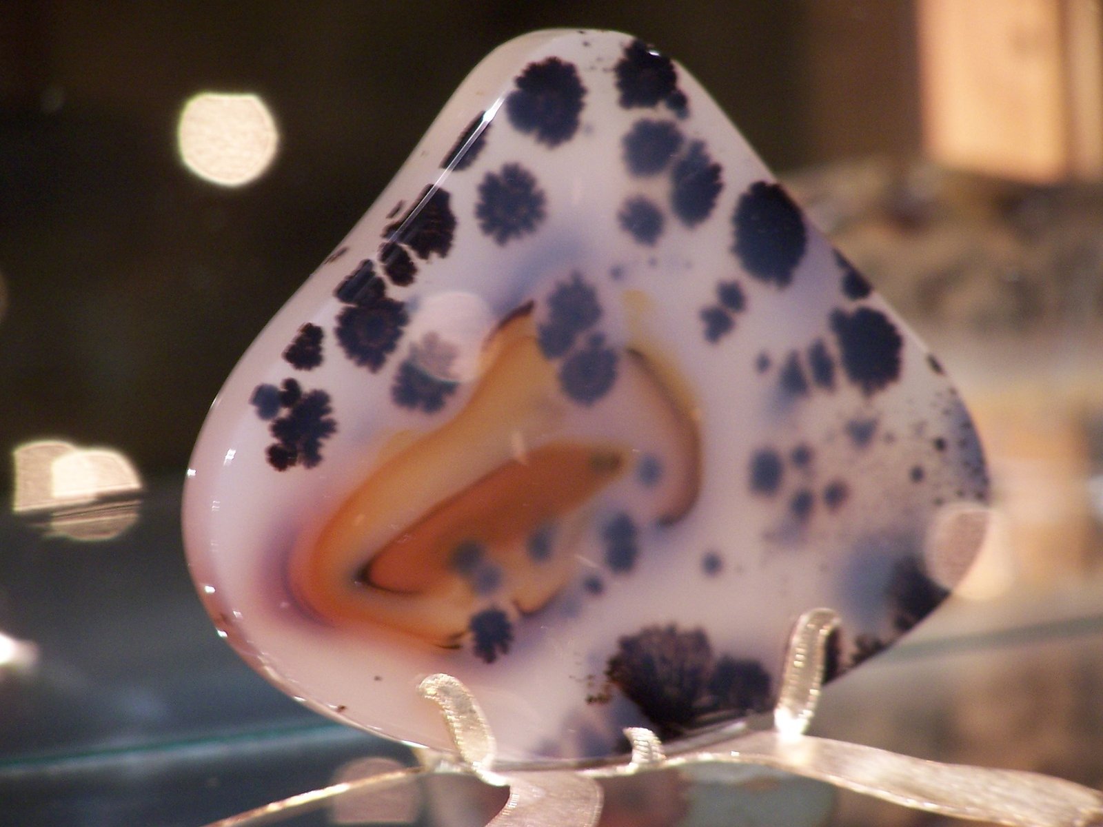 A slice of Montana moss agate with green dendritic inclusions in milky quartz
